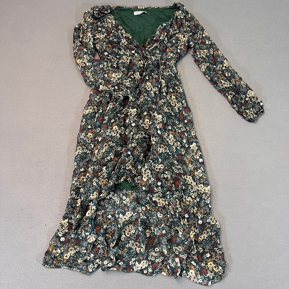 Elena Baldi Womens XS Hi Lo Midi Dress Silk Blend V-neck Empire Multi Floral Grn